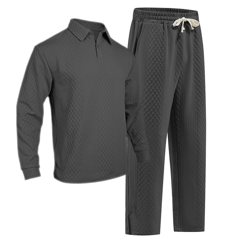 Men's Jacquard Polo Set – Long Sleeve Pullover & Trousers (Khaki/Light Blue/Greyish/Black, S-XXXL)