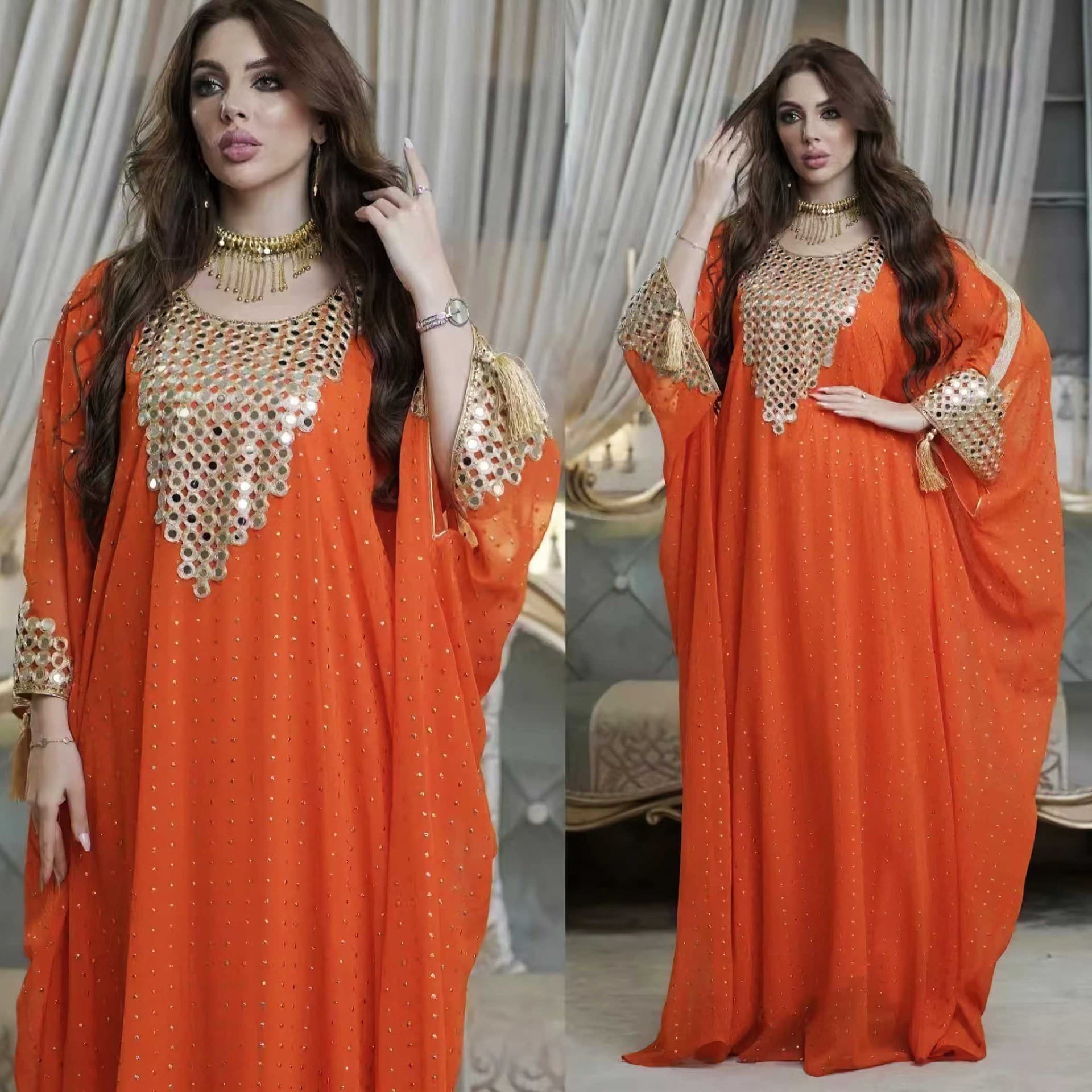 Elegant Muslim Abaya Dress With Embroidered Sequins - Flowy Chiffon Maxi Dress For Women - Dubai Style Long Robe​
