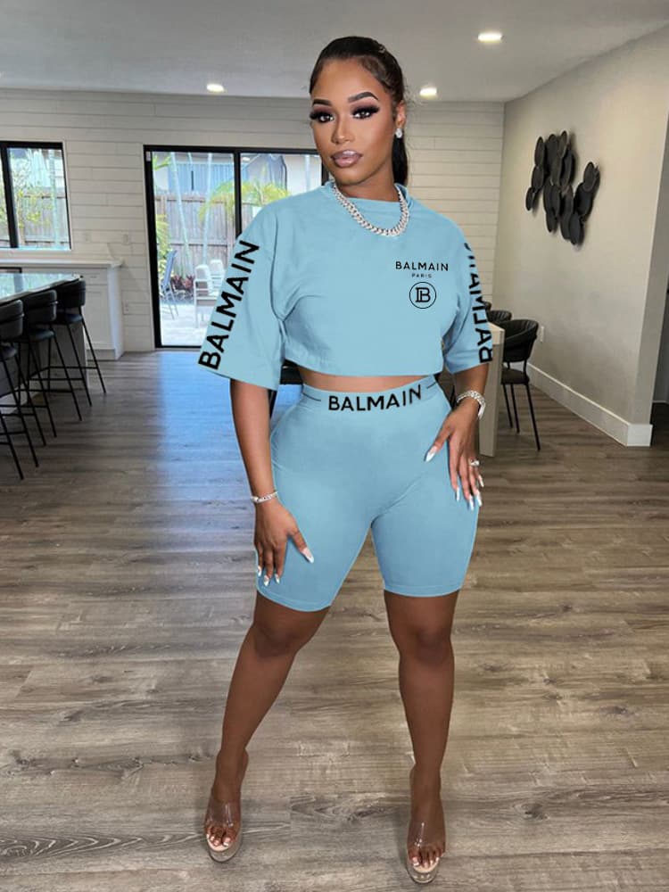 X2381 2023 femmes été mode lettre offset imprimé col rond manches courtes ensemble de shorts
