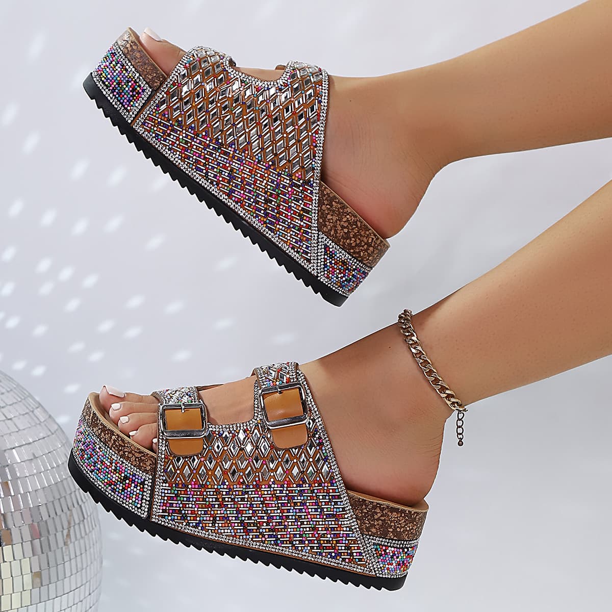Women's Plus Size Flip Flops Rhinestone Sandals Summer Soft Sole Belt Buckle Slippers