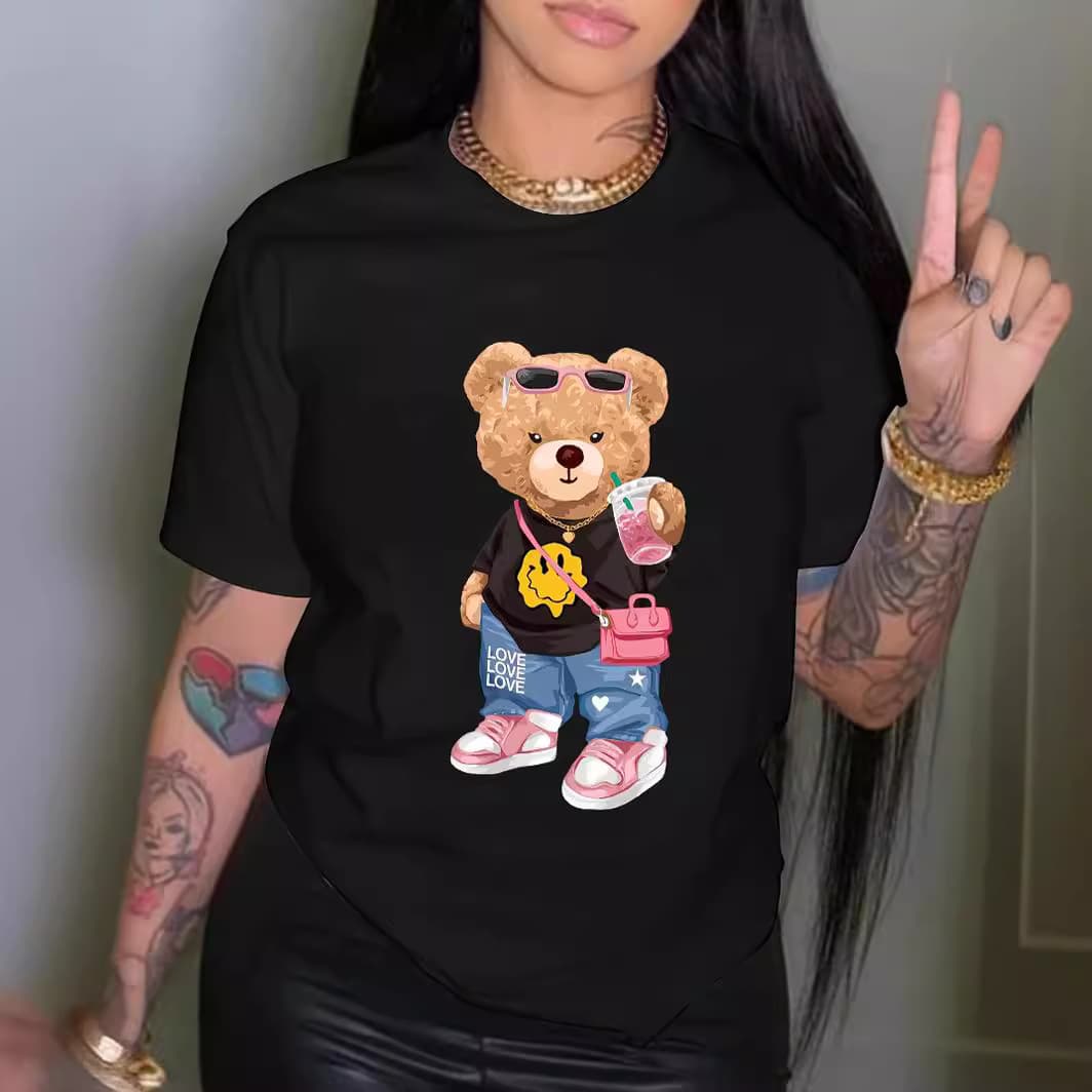 Women's Clothing summer printing fashion cool bear print T shirt short sleeve round neck casual top summer women's clothing