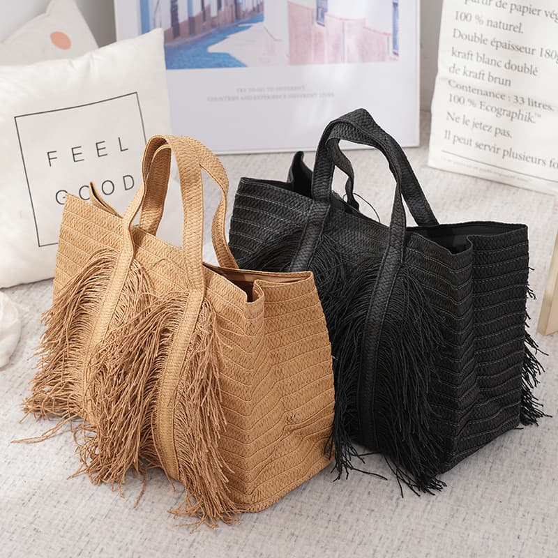 Women's Tassel Paper Woven Bag Women's Large Capacity Hand Woven Handbag Pastoral Style Beach Vacation Shoulder Bag