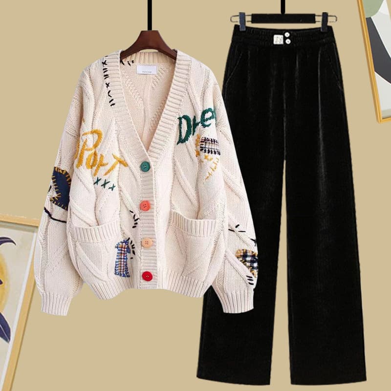 Women’s Clothing Fashion Suit Autumn New Korean Loose V Neck Knitted Sweater Top With Loose Drape Sports Straight Pants