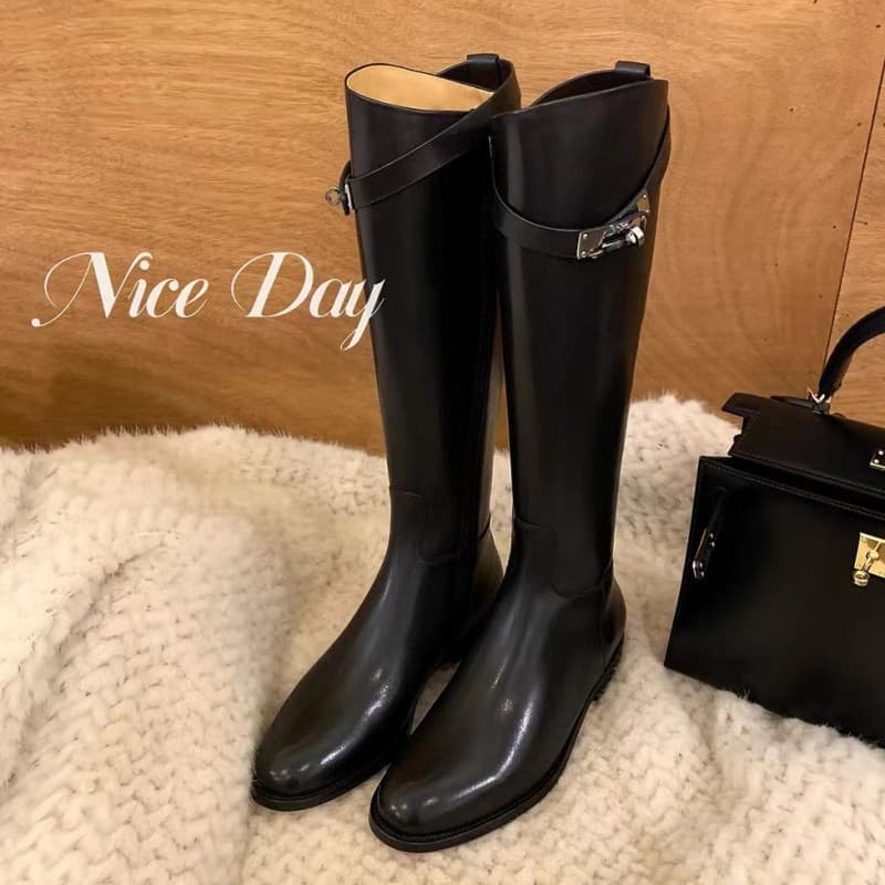 Chaussures Instant Su Yinyin du même style avec bouche diagonale en cuir véritable K * Lock boucle fermeture éclair latérale talon épais haut