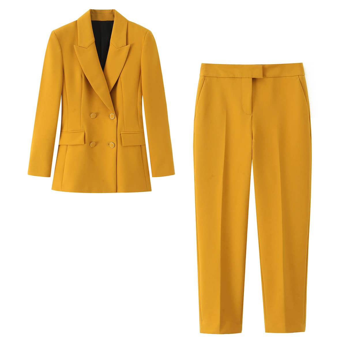 Women's Blazer & High-Waist Trousers Set - Structured Shoulder Double-Breasted Suit, Business Casual (Xs/S/M/L)