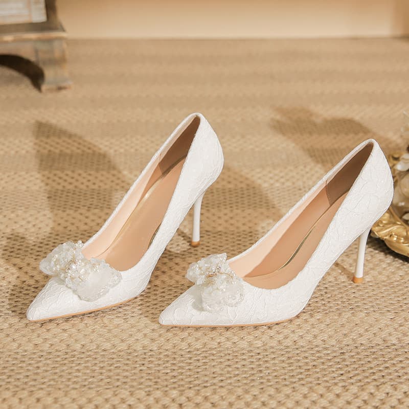 Women's Shoes Elegant Pointed Toe High Heels With Lace Bow Detail - Comfortable Stiletto Pumps For Wedding, Party & Daily Wear (Sizes 31-43, White)