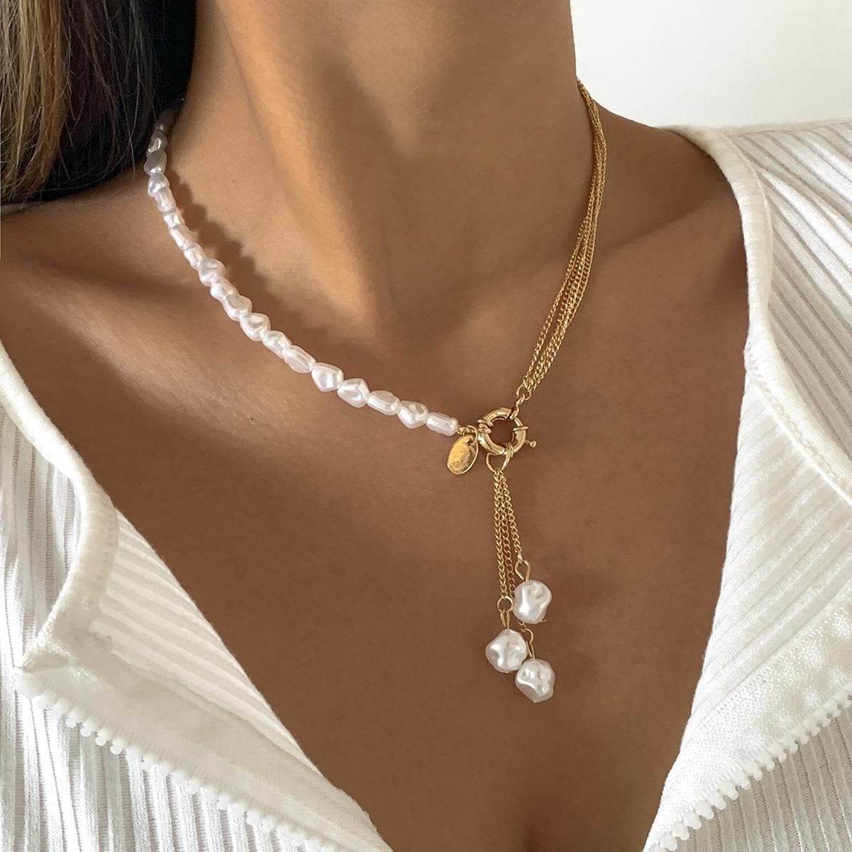 New Style Asymmetrical Shaped Pearl Tassel Necklace Mixed with Punk Fine Chain Necklace, European and American Cross-border Jewelry