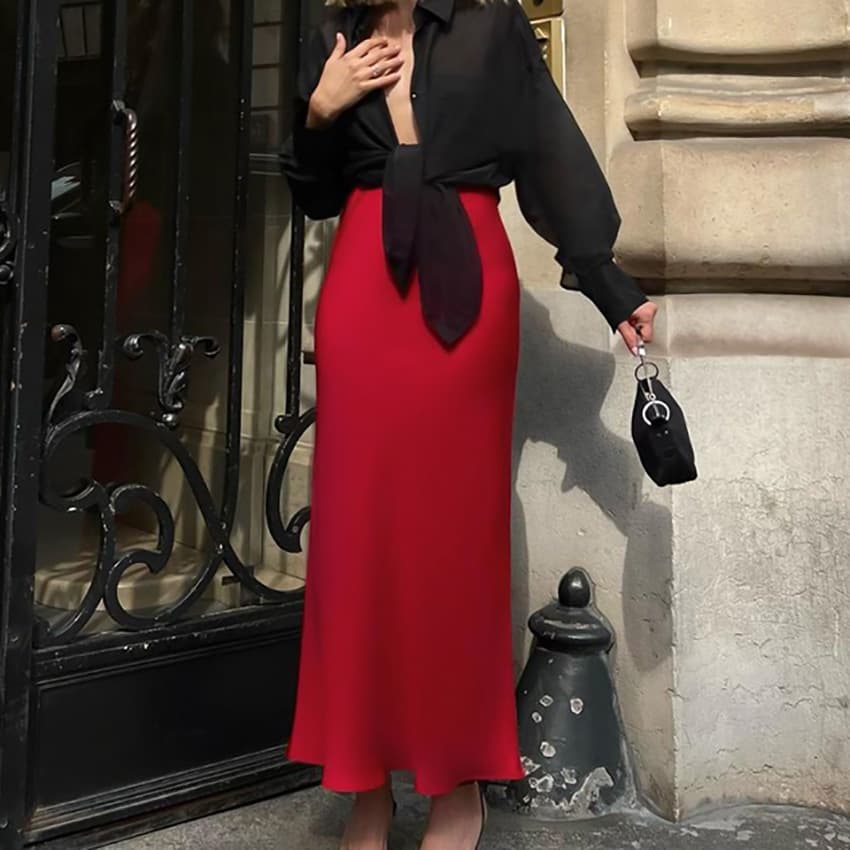 Women's Clothing Autumn New Year Red Satin Fishtail Skirt Women's High end Banquet Long Skirt Wholesale