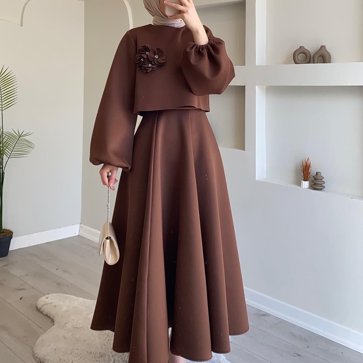 New Middle East Floral Lantern Sleeve Loose Dress Women's Two-Piece Suit Without Hat
