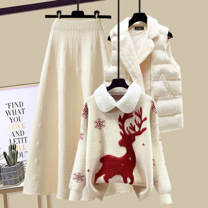 Women's Clothing Autumn and Winter Suit Christmas Atmosphere Red Sweater Versatile Vest Slim Skirt Three piece Suit