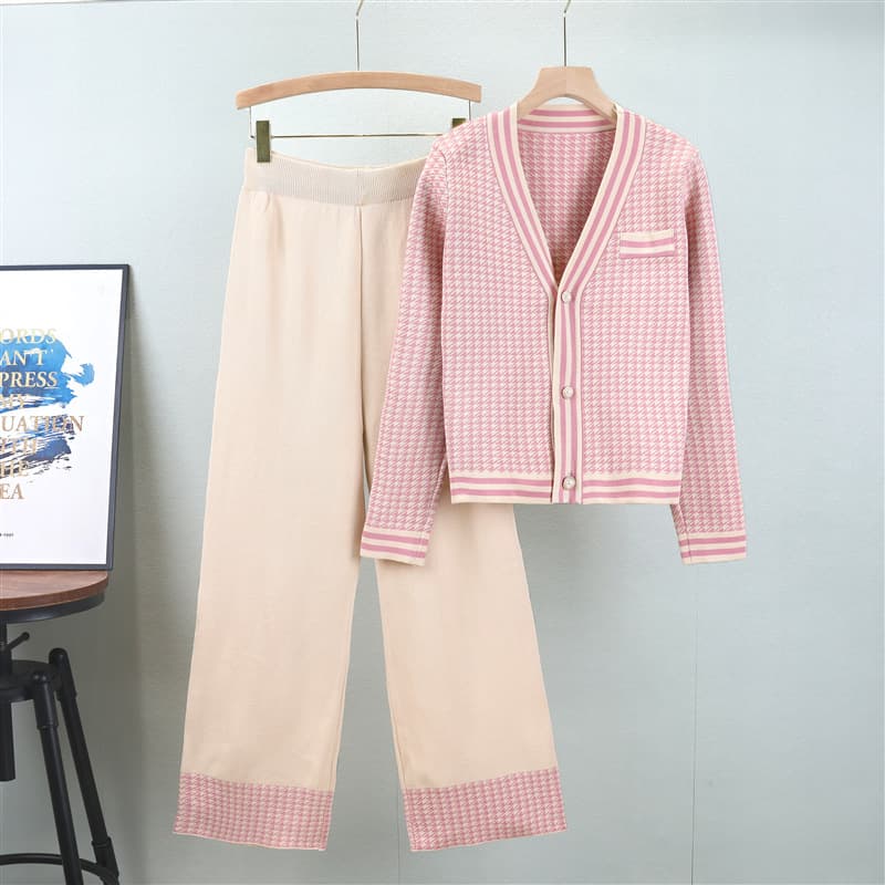 Women's Clothing houndstooth jacquard knitted V neck cardigan, wide leg pants, two piece suit, age reducing temperament suit