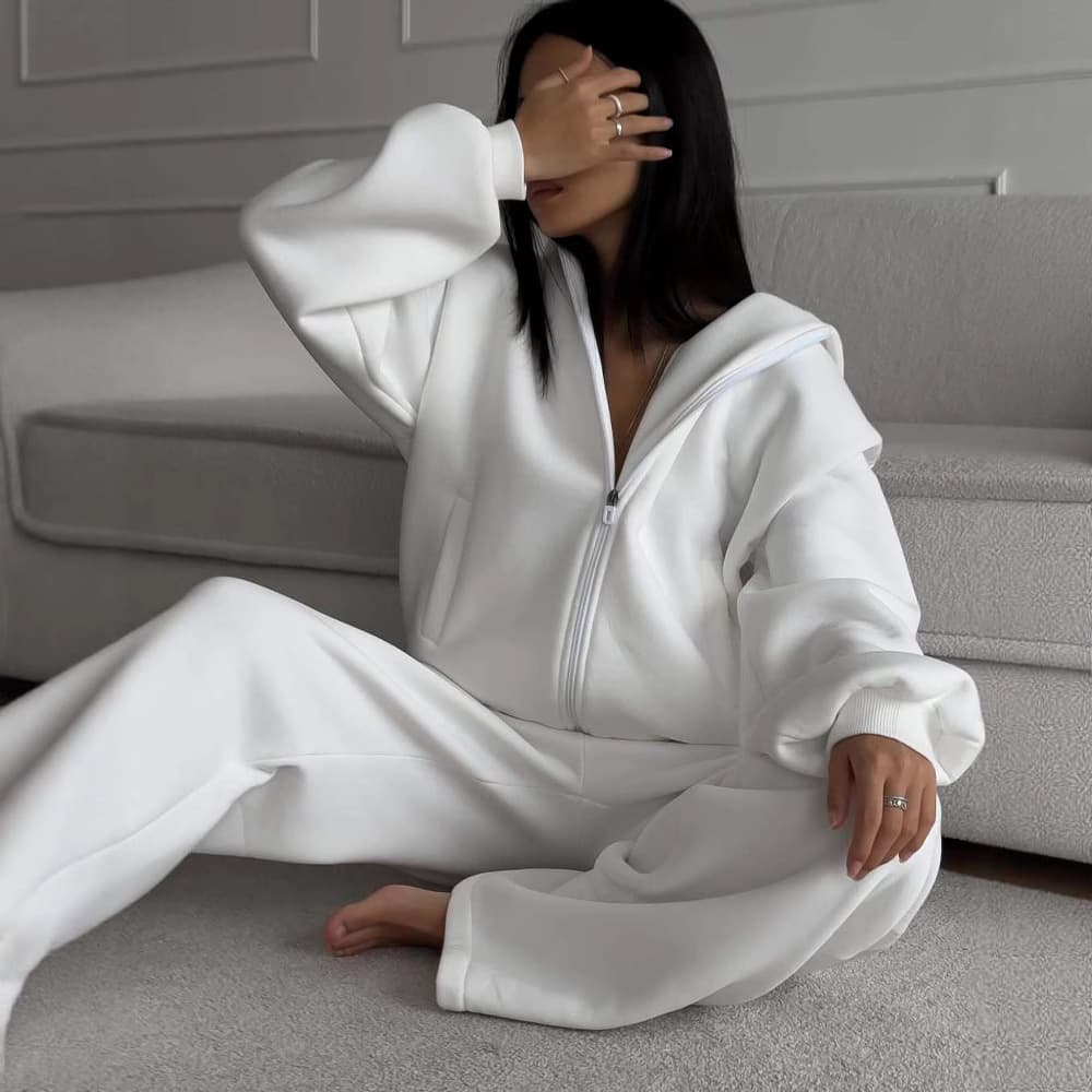 Women’s Casual Hooded Cardigan & Trousers Set – Long Sleeve Sporty Two-Piece Outfit (S-XL, Black/White)