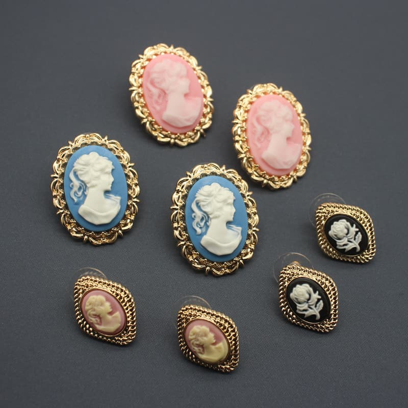 Women's Earrings single retro vintage medieval exaggerated style Cameo palace baroque western antique earrings