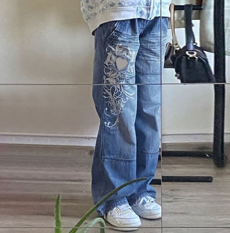 Women's irregular printed loose trousers low-rise pleated washed distressed multi-color jeans