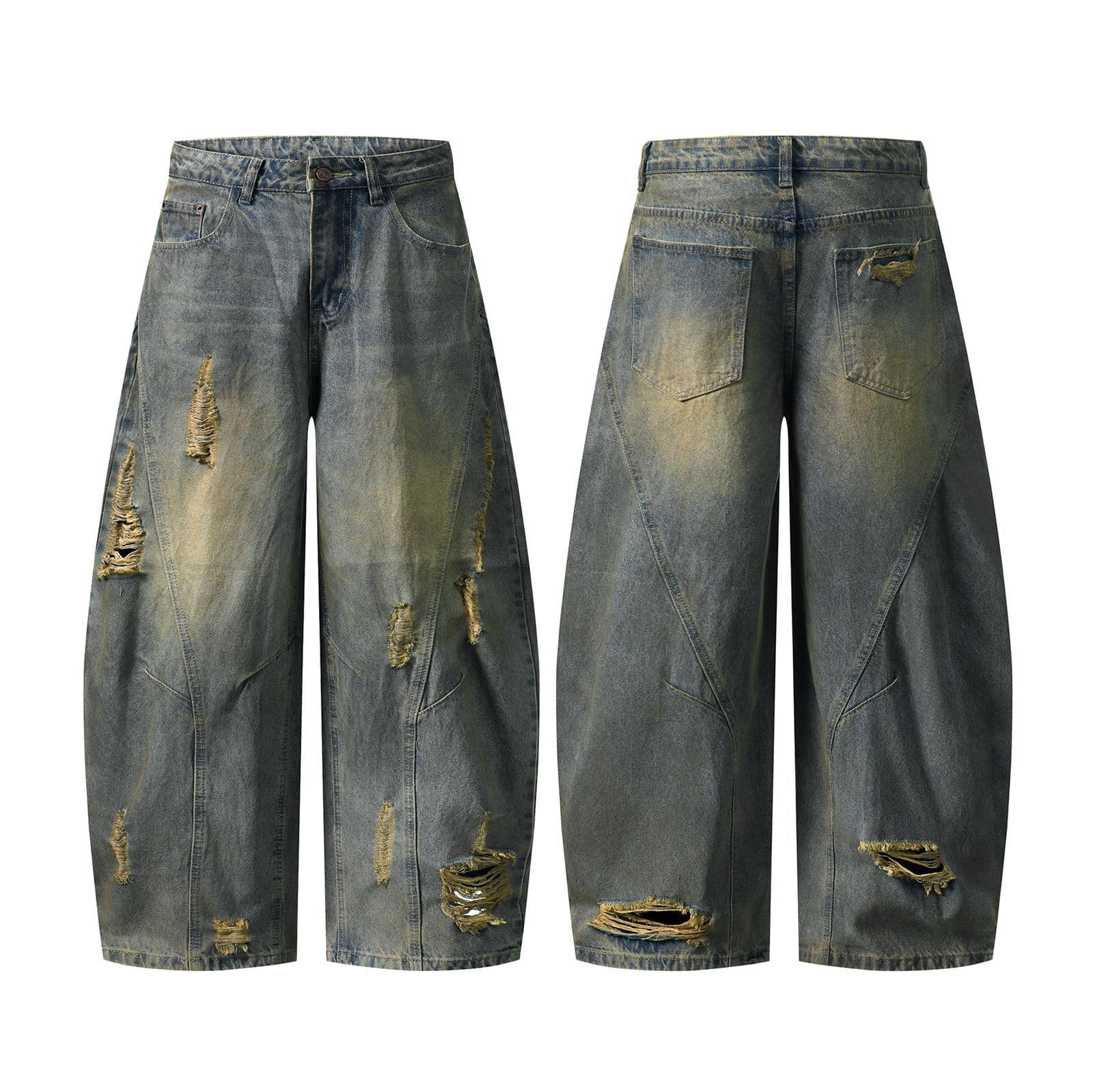 Grunge Distressed Denim Pants – Oversized Straight-Leg Vintage Washed Jeans With Artistic Rips & Frayed Hem (Unisex, S-XXL, 91% Cotton)