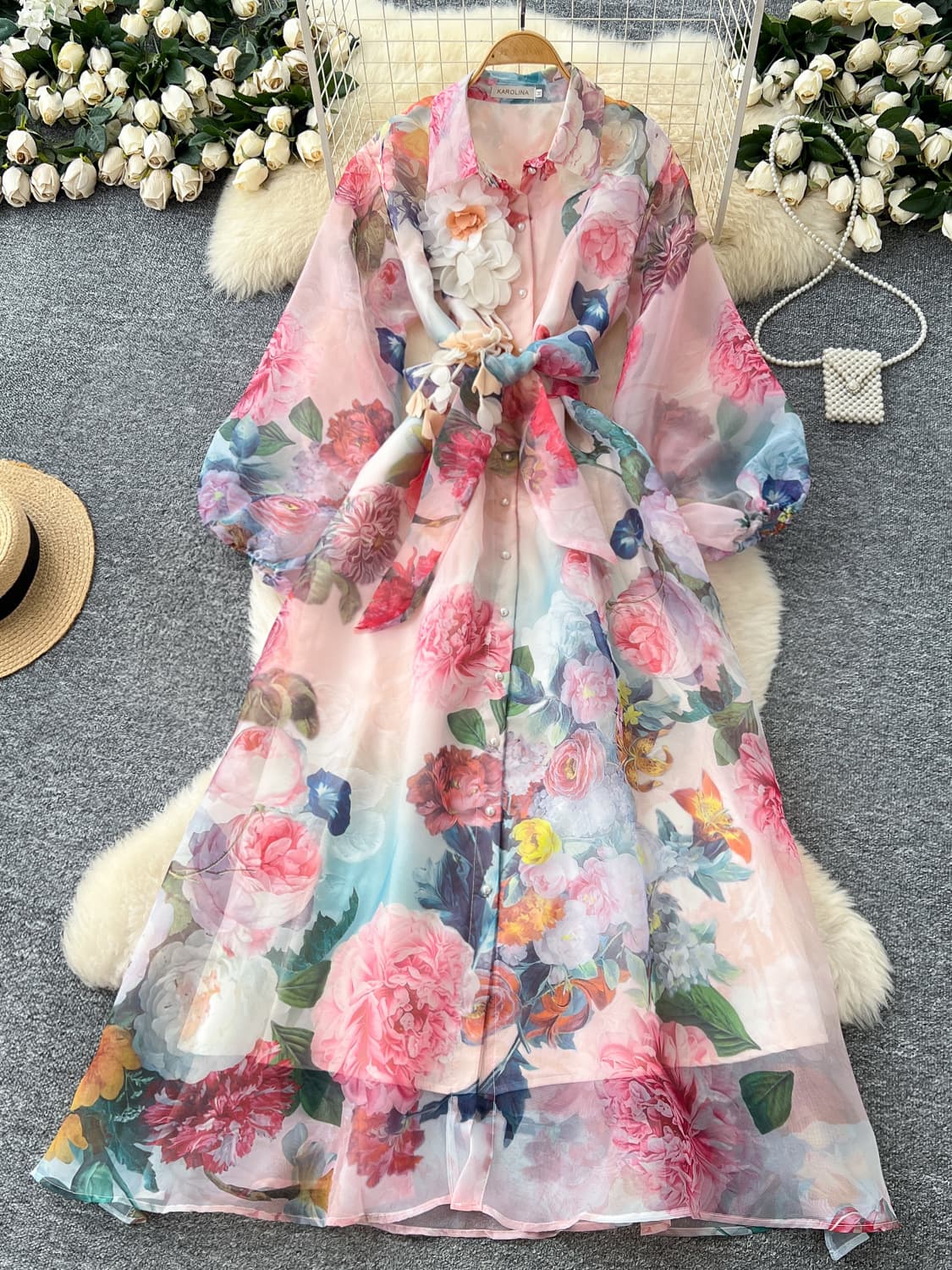 Women's Retro Court Style Floral Print Puff Sleeve Dress Tie Waist Unique Beautiful Ethereal Long Dress Autumn Fashion