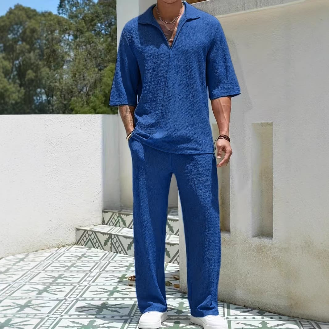 Men's Clothing Casual Shirt Solid Color Short Sleeved Trousers Two Piece Suit