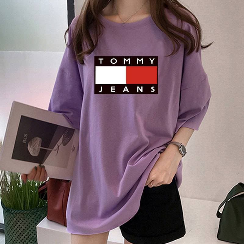 T-shirt mi-long imprimé pour femme, haut ample