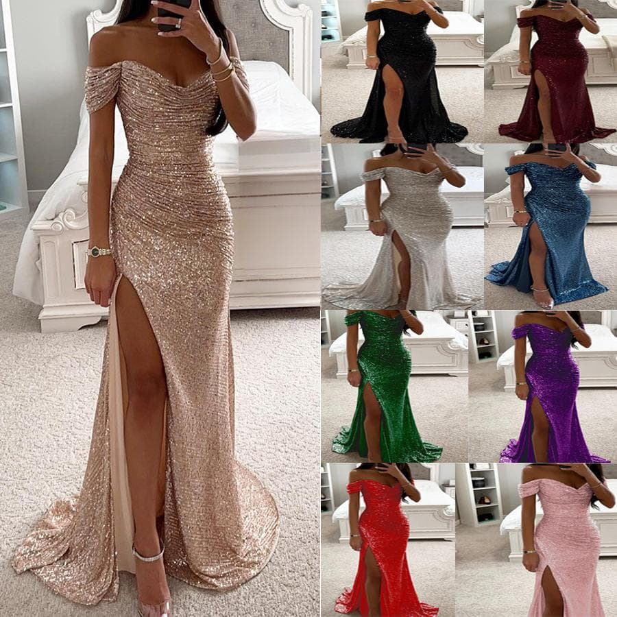 Women's Clothing Glitter Off-Shoulder Slit Party Dress - Trendy Women's Casual Fashion Dress With High-Low Hemline, Stretchy Polyester Fabric