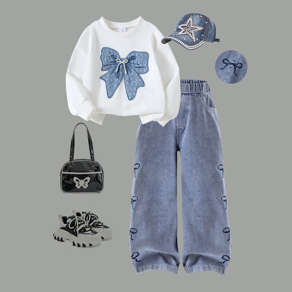 Mother & Kids Girls' Outfits For Spring And Autumn Girl's Stylish Long-Sleeve Top + Denim Pants Set – Elegant Bow Detail & Soft Cotton (4Y-7Y, White)