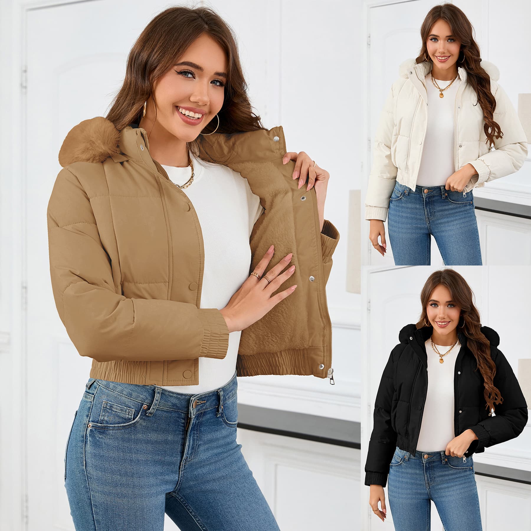 Women's Clothing Women's Slim Fit High Waist Short Puffer Jacket With Fleece Lining, Warm Winter Coat For Casual Outfits (White/Black/Khaki)