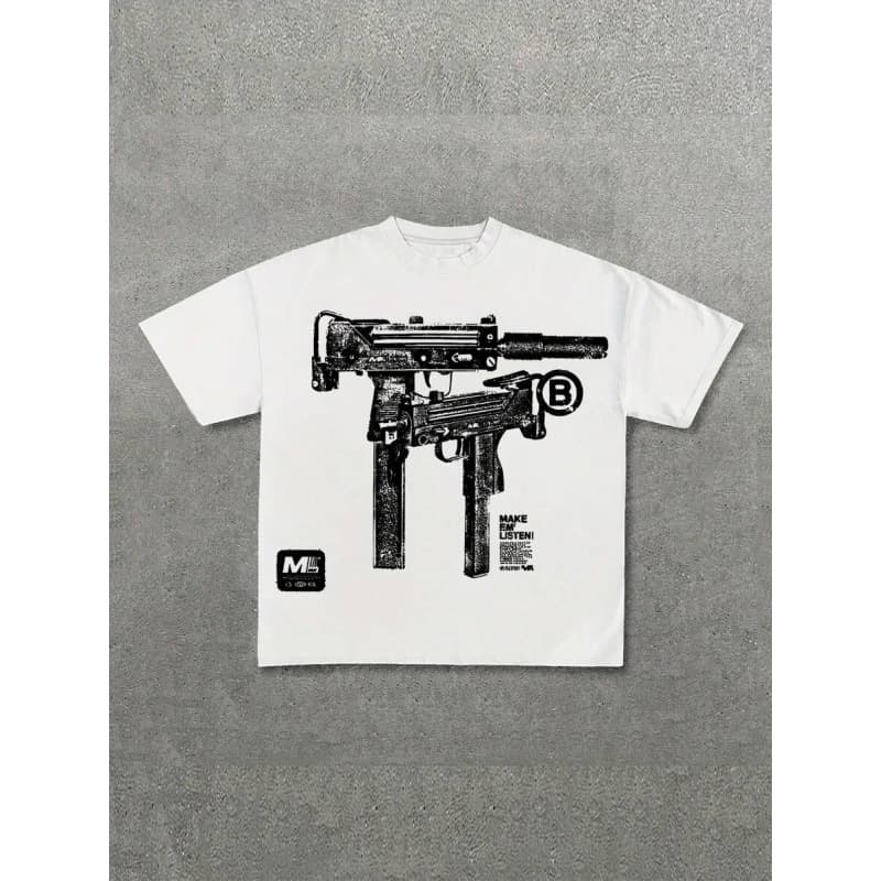 Military Graphic Print T-Shirt – MAC-10 Inspired Streetwear Tee For Teens, Unisex Urban Combat Style Cotton Top