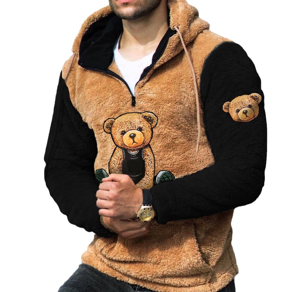 Couple Personalized Teddy Bear Warm Men's Lamb Wool Hoodie Pullover Zipper Half-cardigan Sweatshirt Winter Style