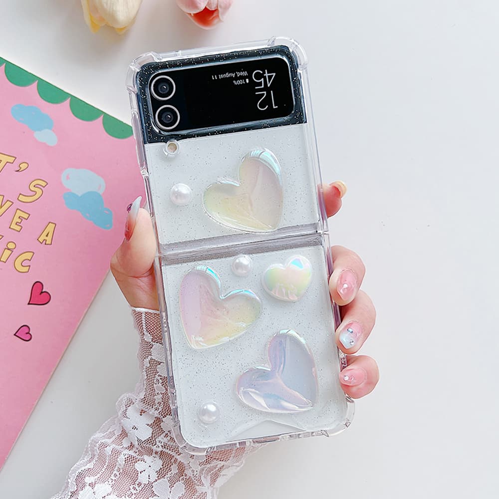 Samsung Flip 3 4 5 3D Laser Love Heart Phone Case For Galaxy Z Flip3 ZFlip4 5G Soft Shockproof Back Cover