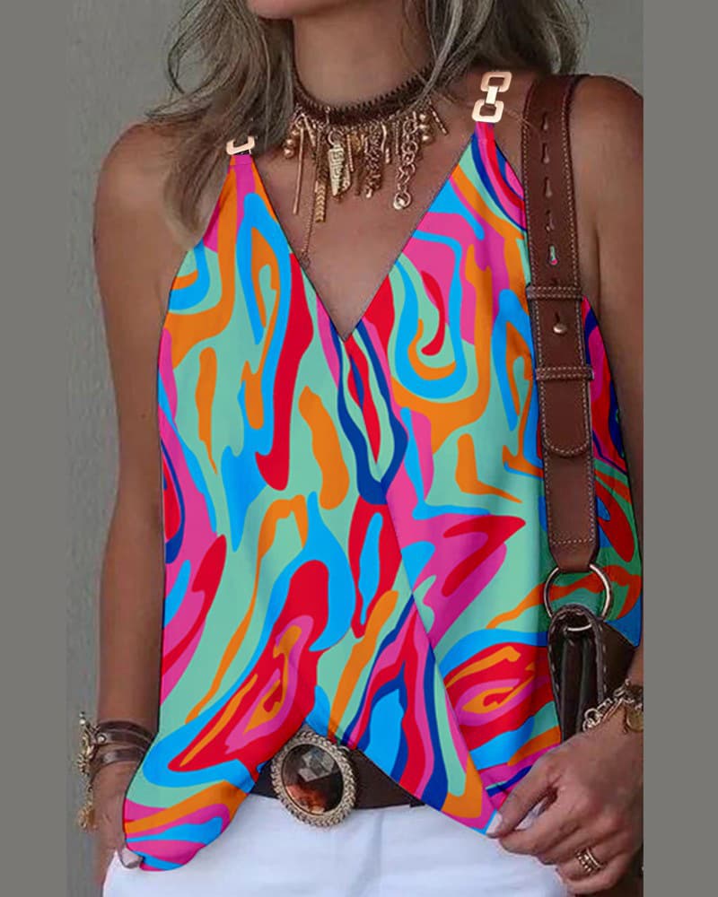 Women's Simple V-neck Metal Buckle Printed Small Vest Top