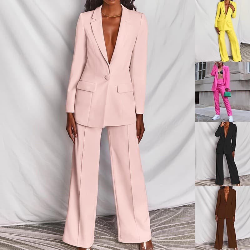 Women's temperament popular women's fashion casual solid color long-sleeved suit two-piece set for women