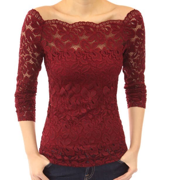 Women's Clothing Off Shoulder Lace One Shoulder Collar Long Sleeved Hollow Lace Shirt