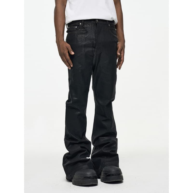 Men's Coated Waxed Flared Jeans – High Street RO Style, Relaxed Fit With Slight Stretch & Distressed Hem (Black, S-XXXL)​
