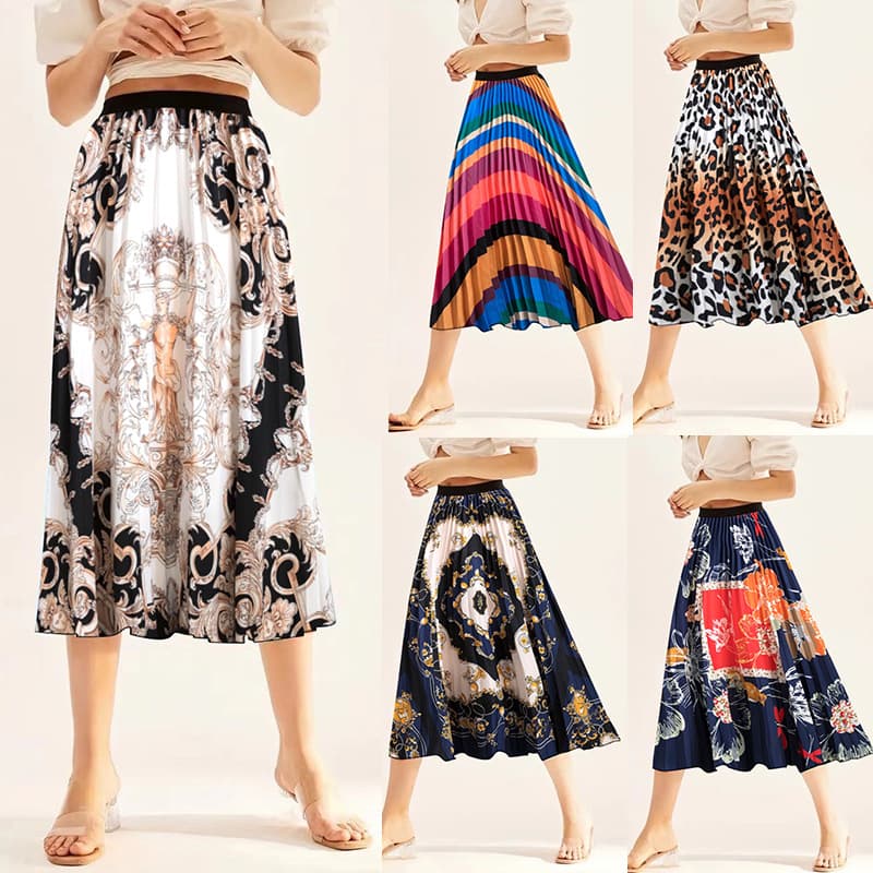 Women's printed elastic pleated skirt skirt mid-length women's A-line skirt pleated skirt