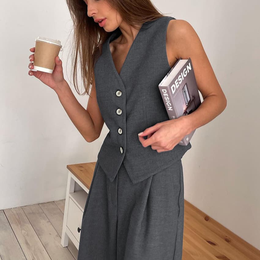 Women Minimalist Style Two Piece Suit European Workplace Commuting Sleeveless V Neck Vest Suit Trousers Suit