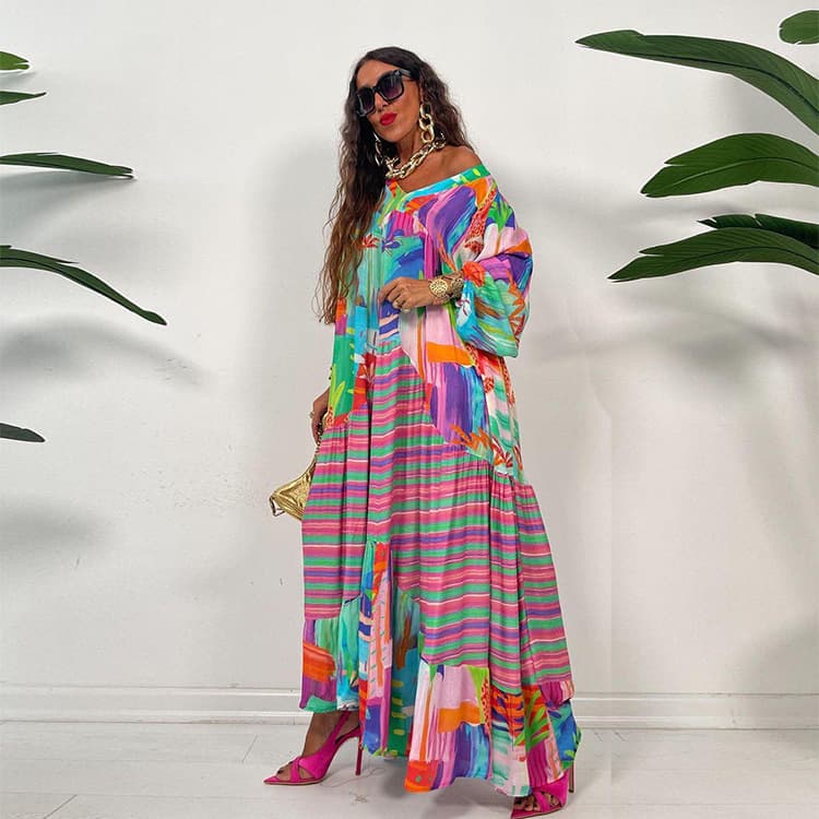 Women's dress Oversized V-neck print dress vintage French court style pleated long-sleeved dress