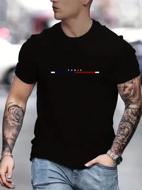 "PARIS" Letter Pattern Print Men's Comfy Slightly Stretch T-shirt, Graphic Tee Men's Summer Clothes, Men's Outfits