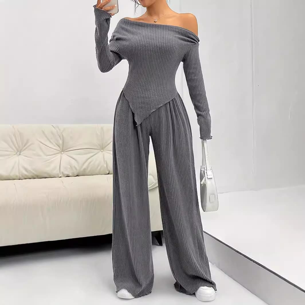 Women's Clothing Two Piece Suit For Women Autumn New Style Fashion Casual Straight Pants Temperament Loose One Line Collar Pit Strip Knit