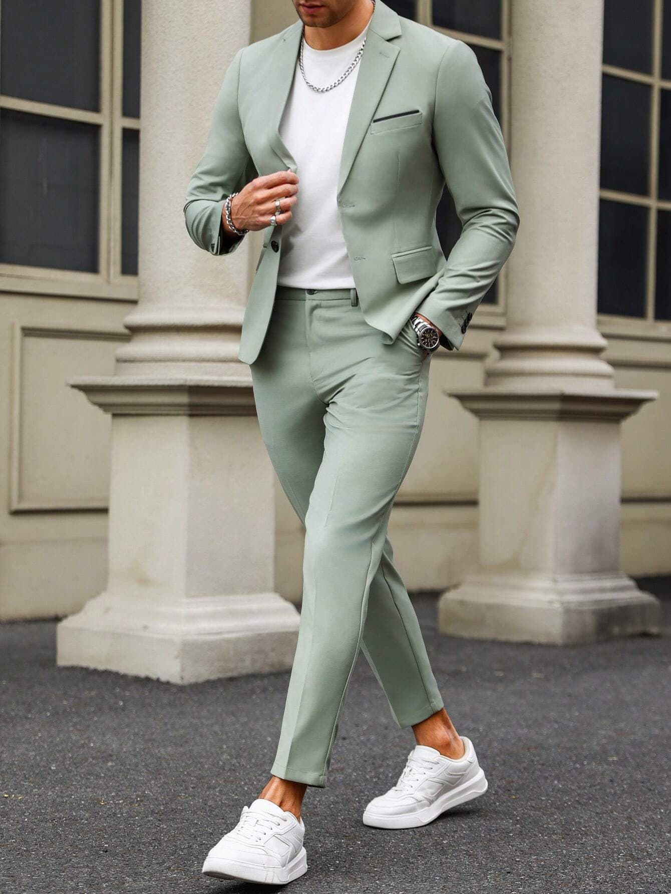 Men's Slim Fit Two Piece Suit European Style Solid Color Long Sleeve Jacket With Button Placket And Trousers Set