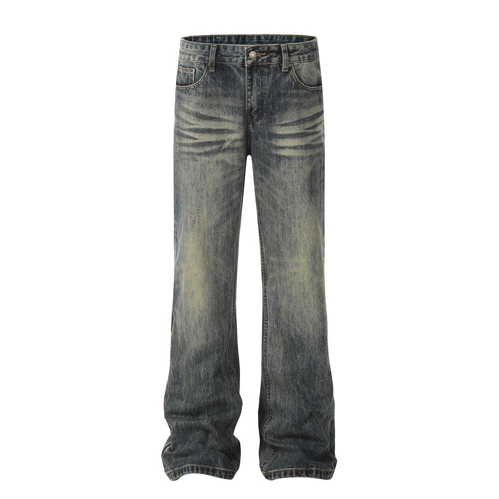 Men's Clothing Denim Loose Trousers For Men With Trendy Design, Back Pockets Decorated With Holes, Hand Worn Straight Leg Trousers