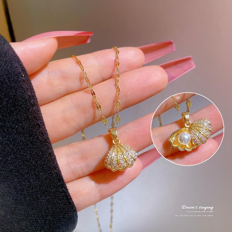 Stainless Steel Elegant Temperament Shy Shell Imitation Pearl Pendant Necklace For Women New Luxury Girls Sexy Clavicle Chain