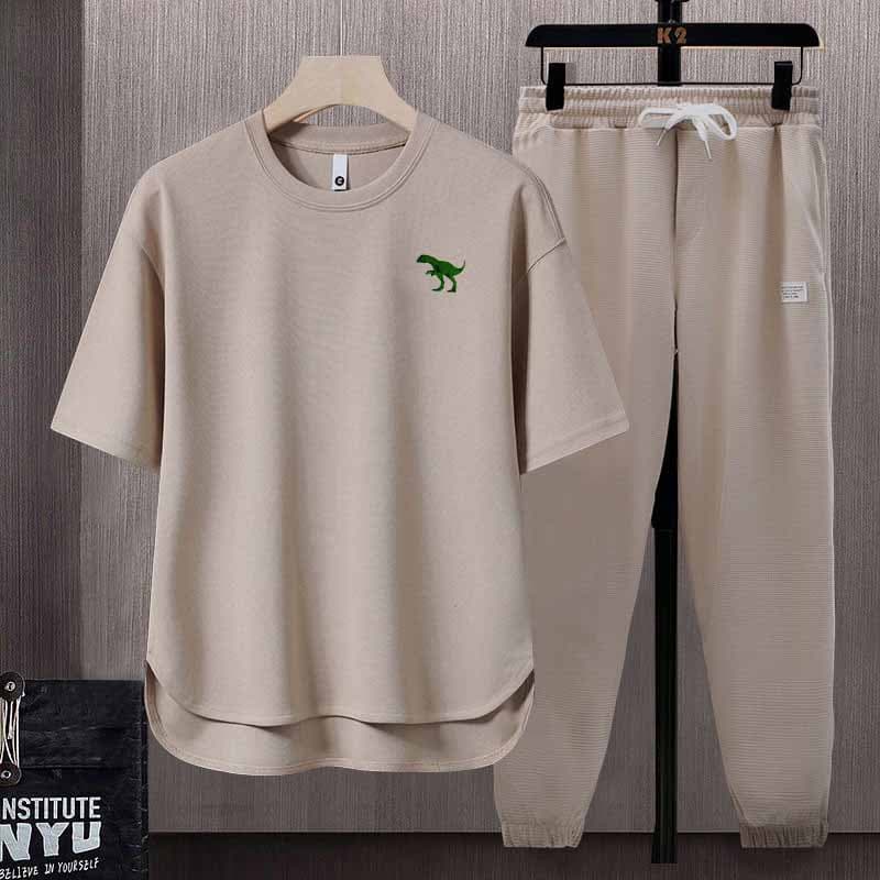 Men's Clothing Little dinosaur print short sleeved suit for men with round neck and loose hem, fashionable and versatile two piece suit