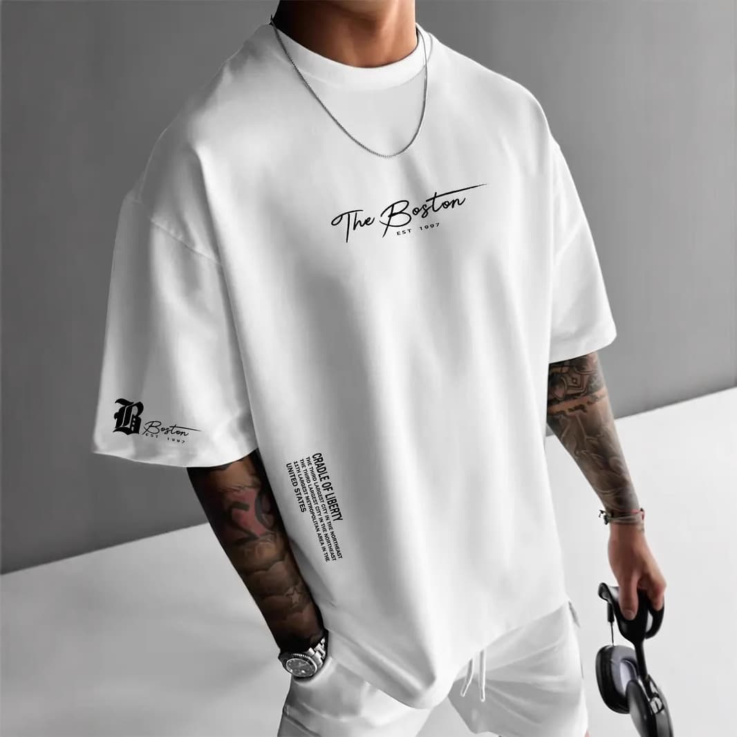 [UrbanEdge] Men's Distressed Tee - Oversized Cotton Streetwear | Euro Fit Graphic Top