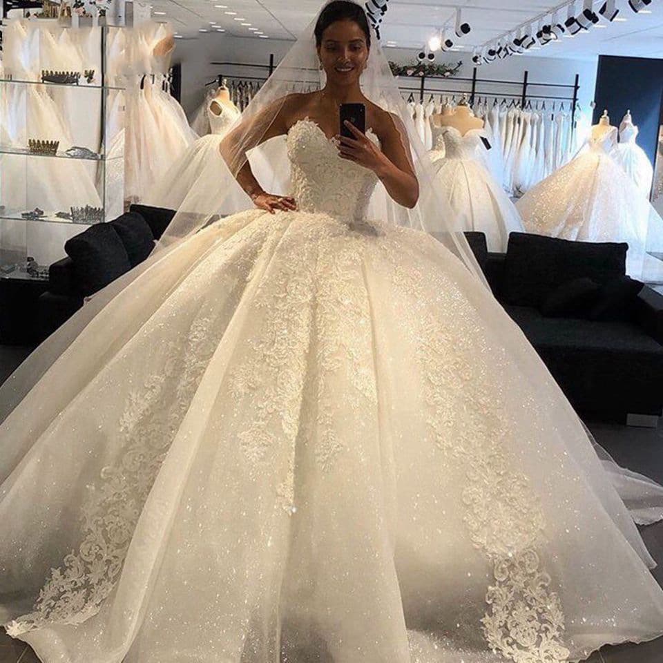 Women's Beaded Wedding Dress Elegant Sweetheart Tulle Lace Off Shoulder Bridal Gown Princess Ball Gown