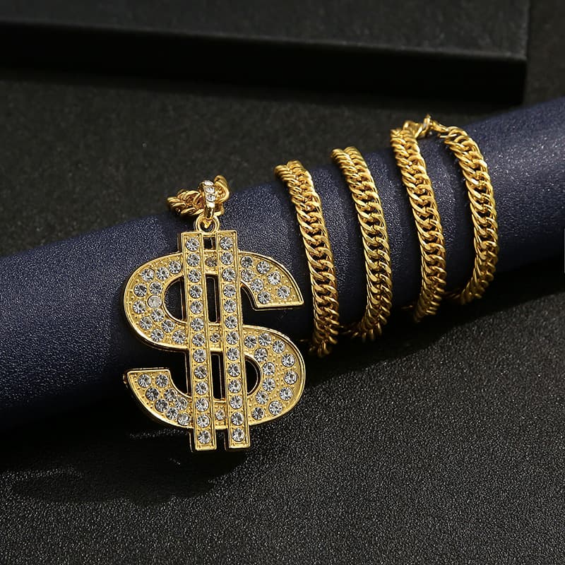 Jewelry Electronic Music Festival Hipster Dollar Sign Large Heavy Premium Inlaid Gold Pendant Necklace