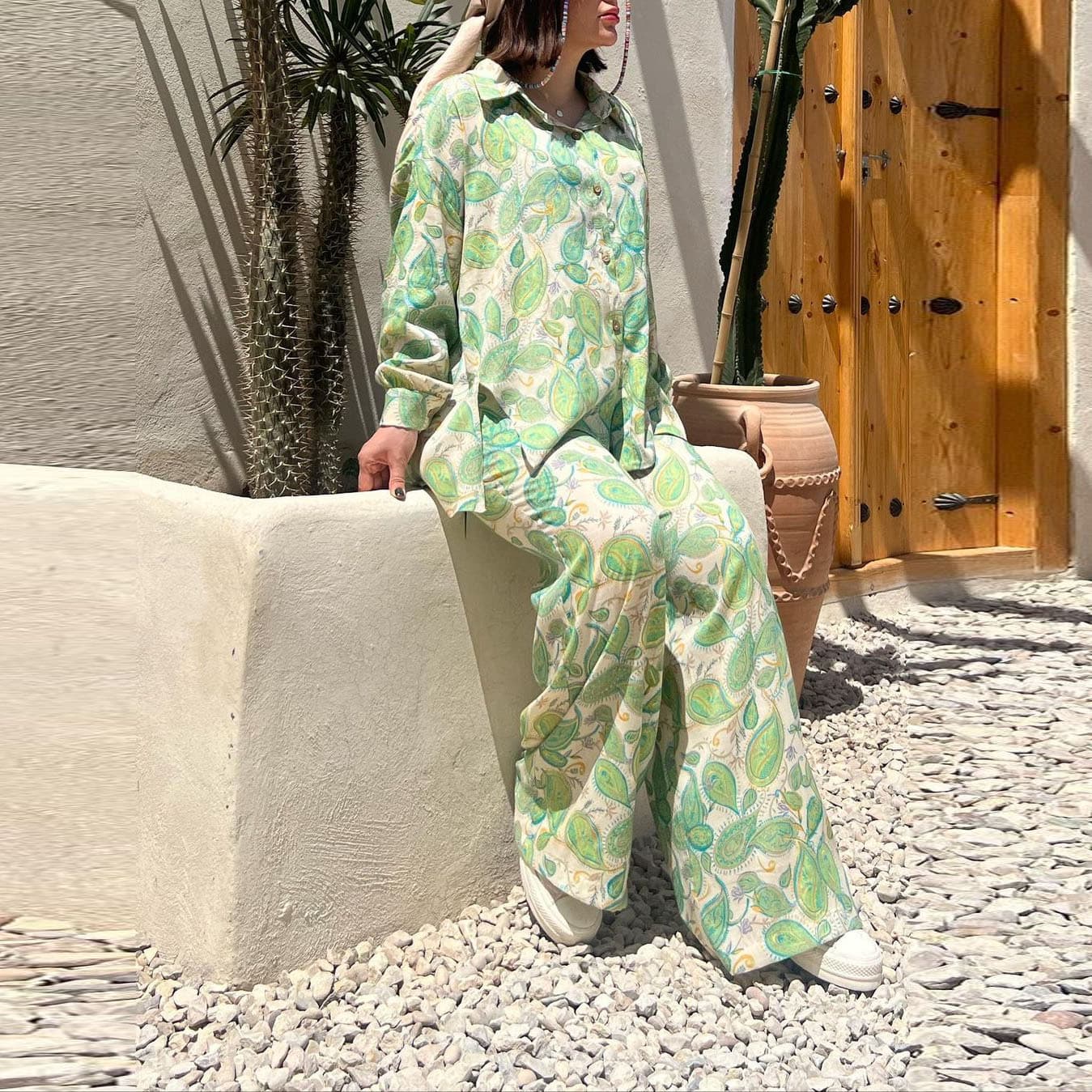 Women's clothing spring and summer new temperament printed long-sleeved shirt straight trousers suit