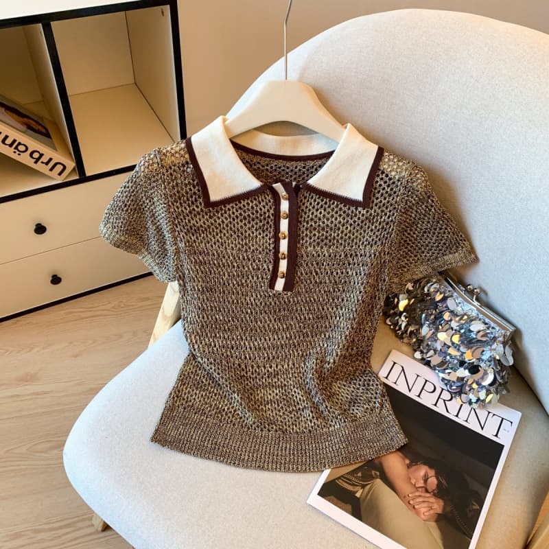 Women's Old Fashion Style Knitted Short Sleeved Top Hollowed Out Chic Design With Inspired Light Luxury Polo Collar