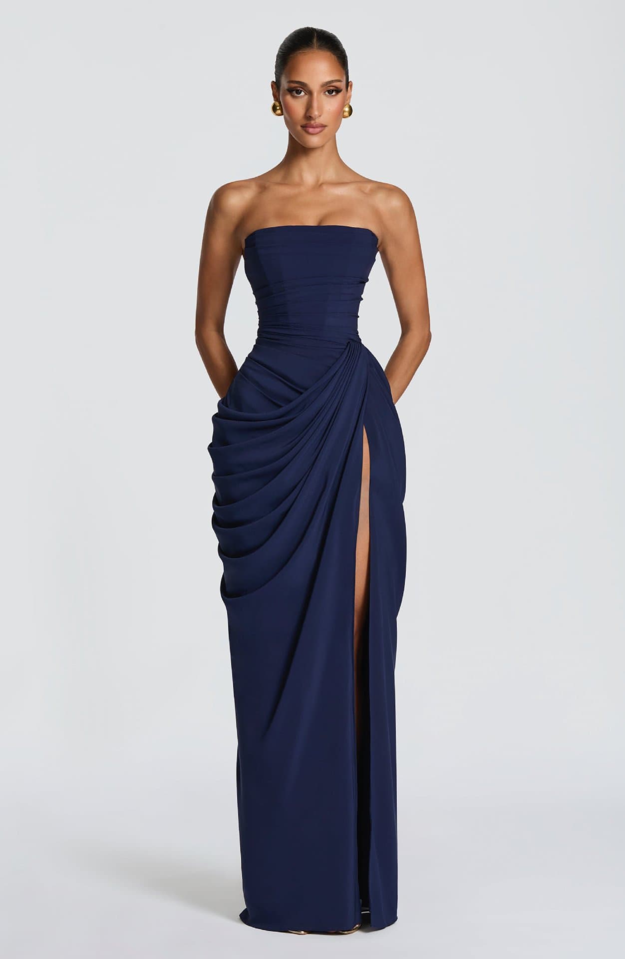 Robe longue bustier élégante à fente haute et froncée pour femme – Robe de soirée sexy et élégante pour banquet