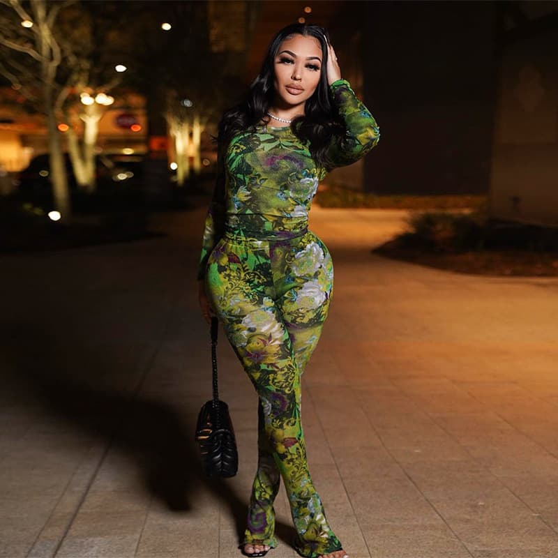 Women's Clothing Spring And Summer New Fashion Mesh Printing Tight Top Trousers Casual Suit