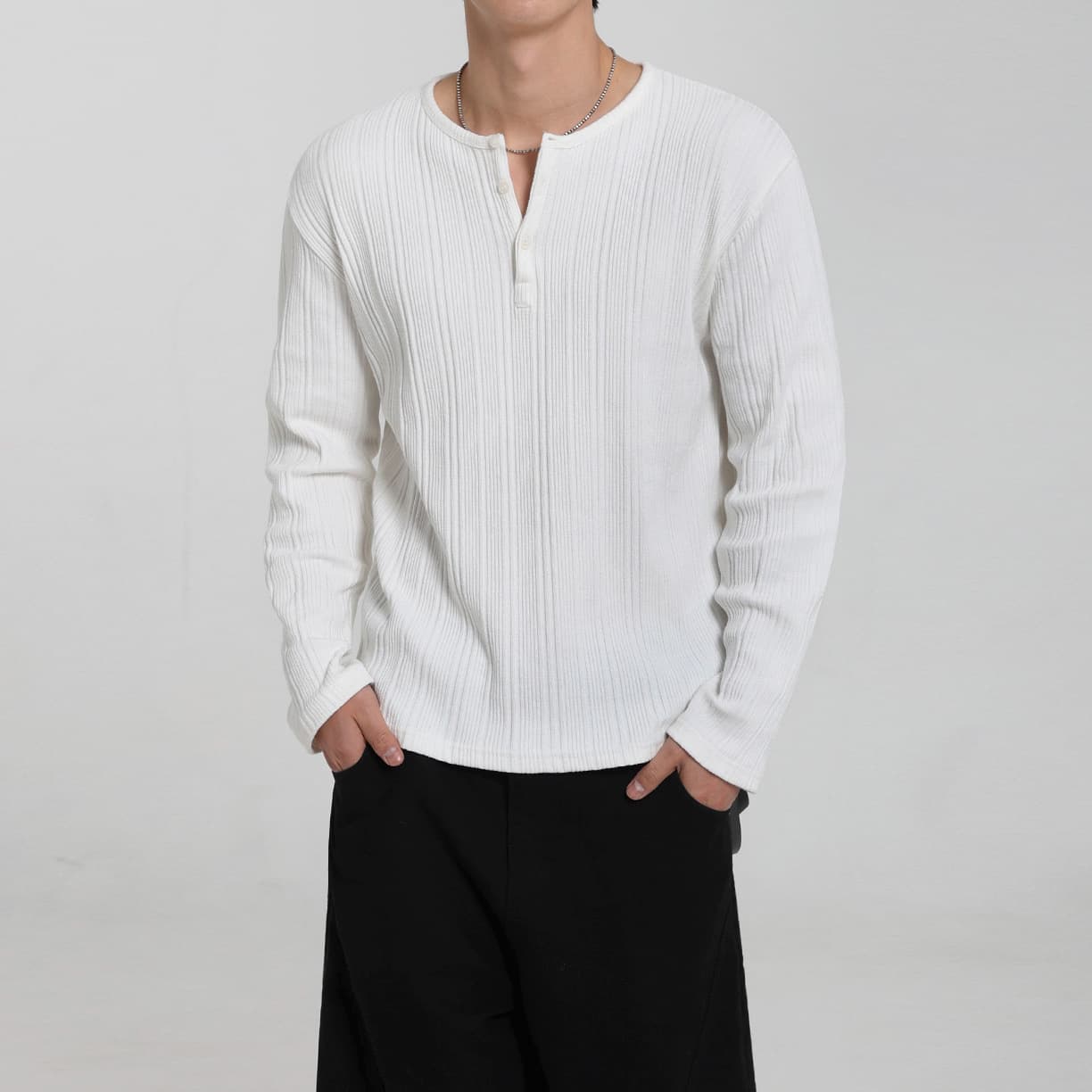 ​Men's Casual Long Sleeve Henley T-Shirt - Soft Cotton Blend Relaxed Fit Minimalist Style For Autumn & Spring​