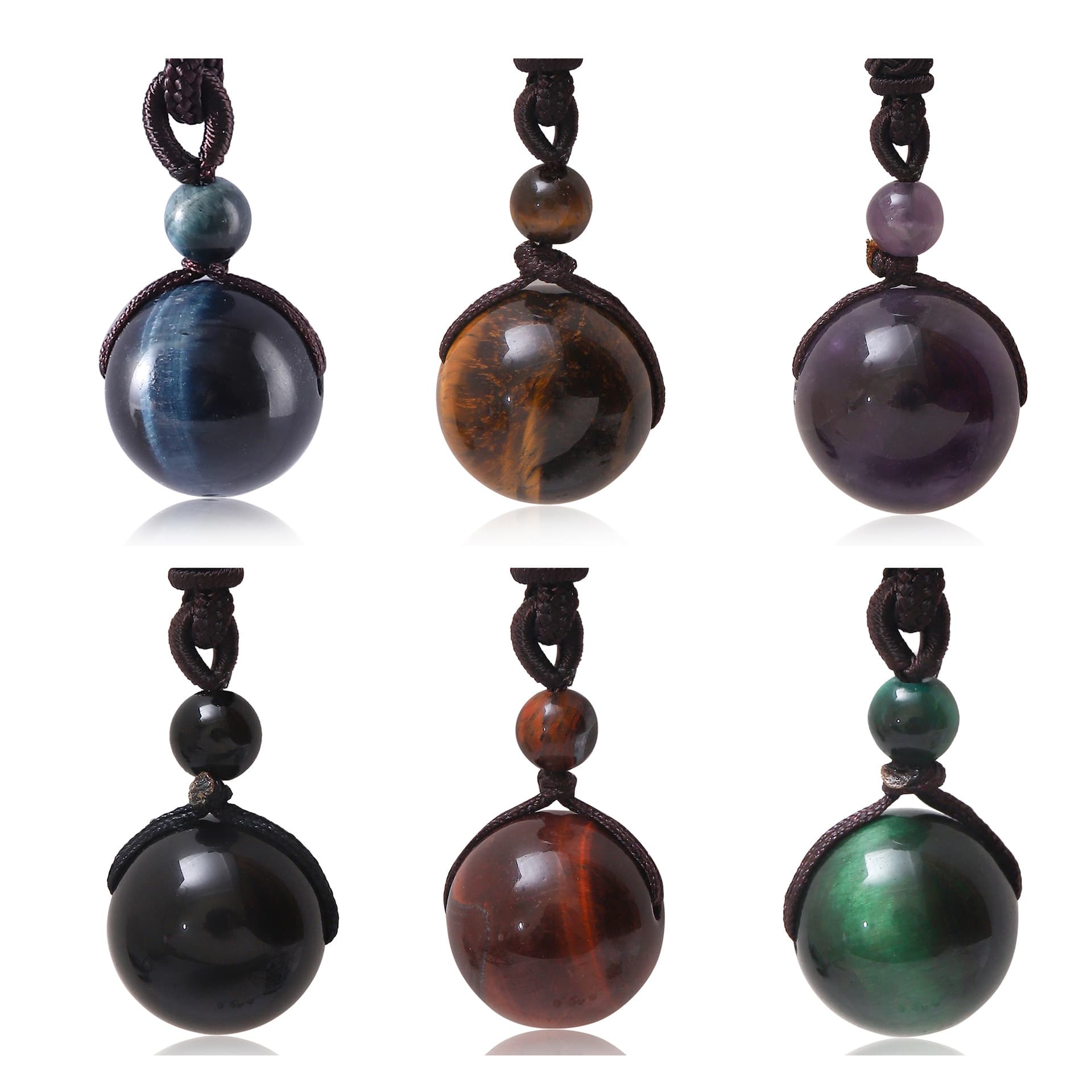 Men's Jewelry Natural Stone Crystal Round Bead Necklace Braided Tiger Stone Round Bead Pendant Single Obsidian Bead Men's Luck Necklace